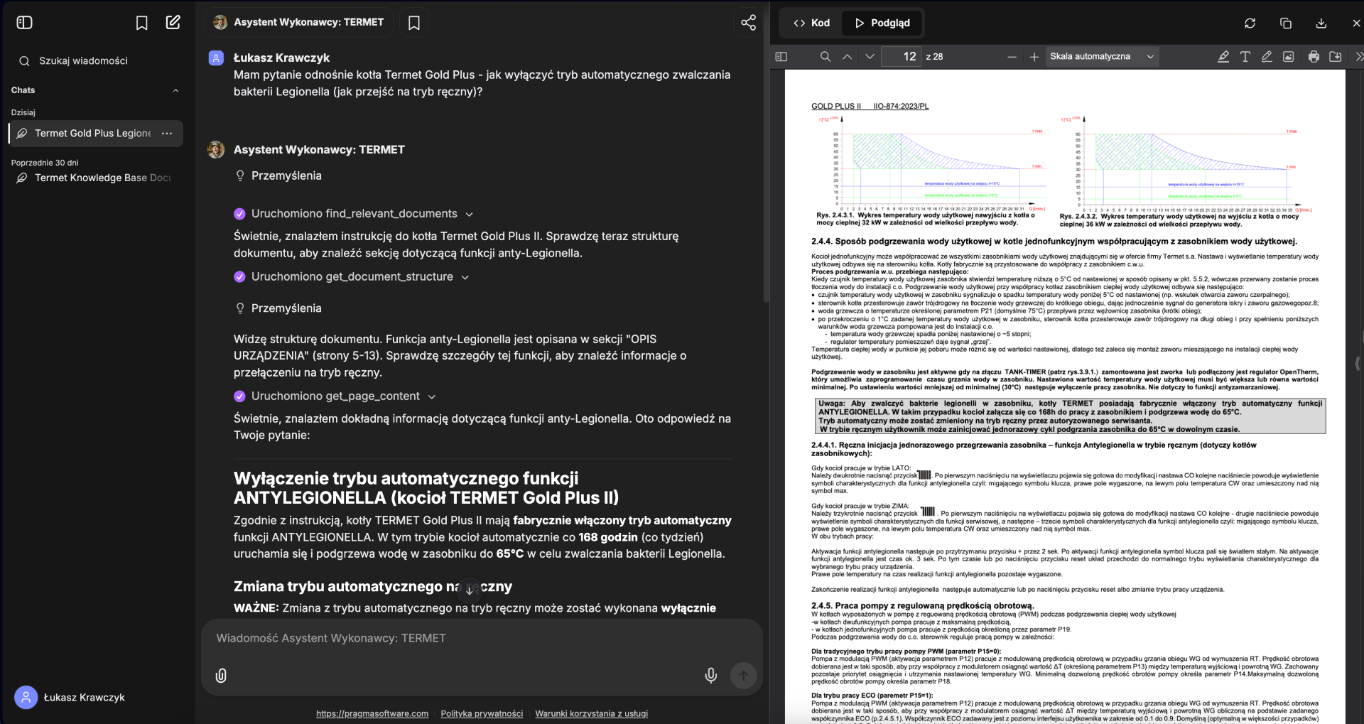 Interfejs rozmowy z Asystentem AI i bezpośredni podgląd źródłowego dokumentu PDF